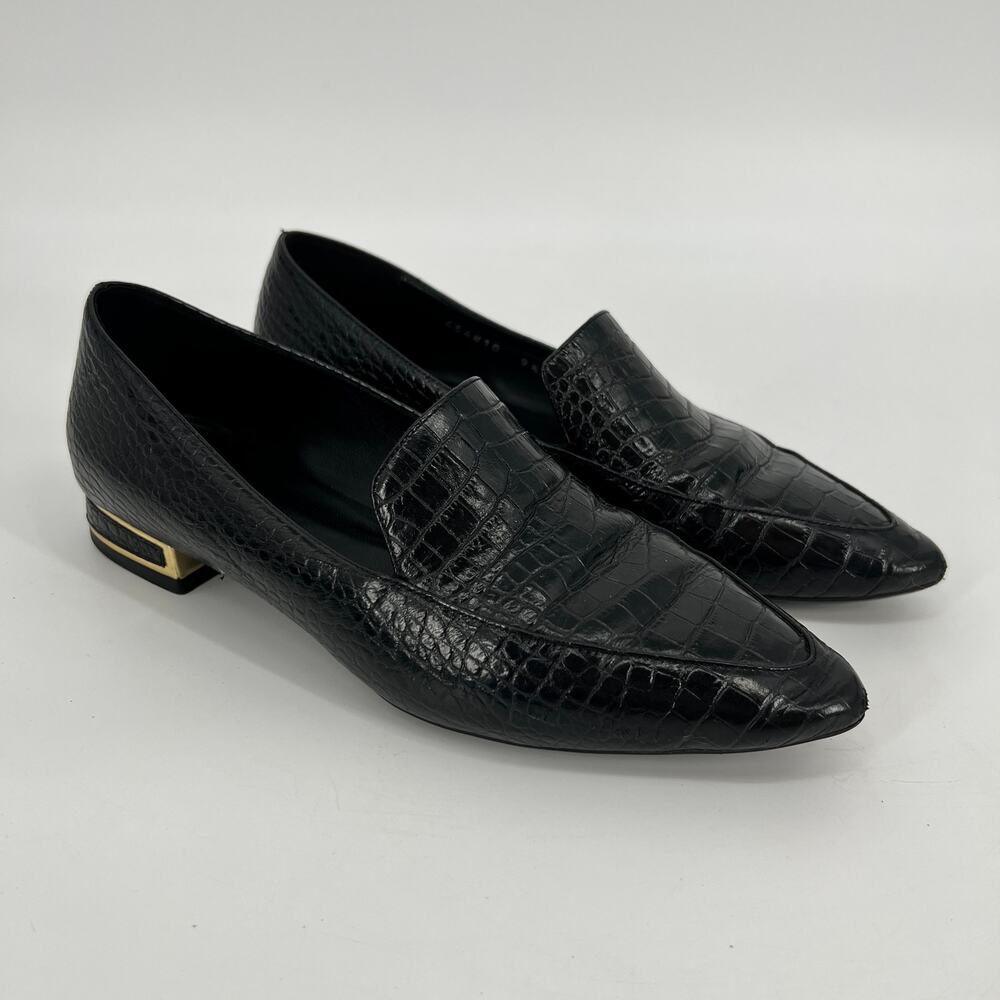 Aquaralia Perci Loafer Women 9.5 Black Leather Crocodile Embossed Gold Trim Heel